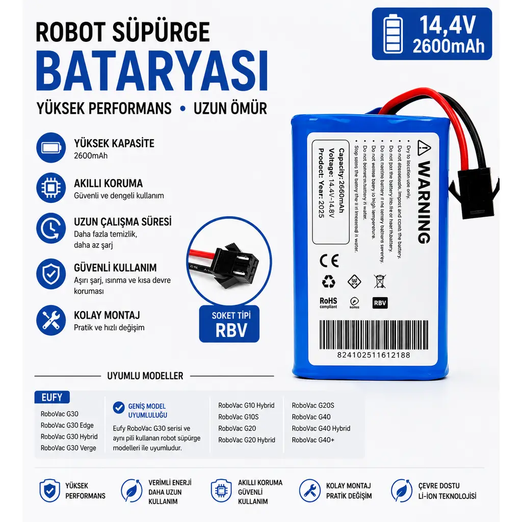 Anker Eufy RoboVac G30 Hybrid Uyumlu Robot Süpürge Bataryası 14.4V 2600mAh Li-ion