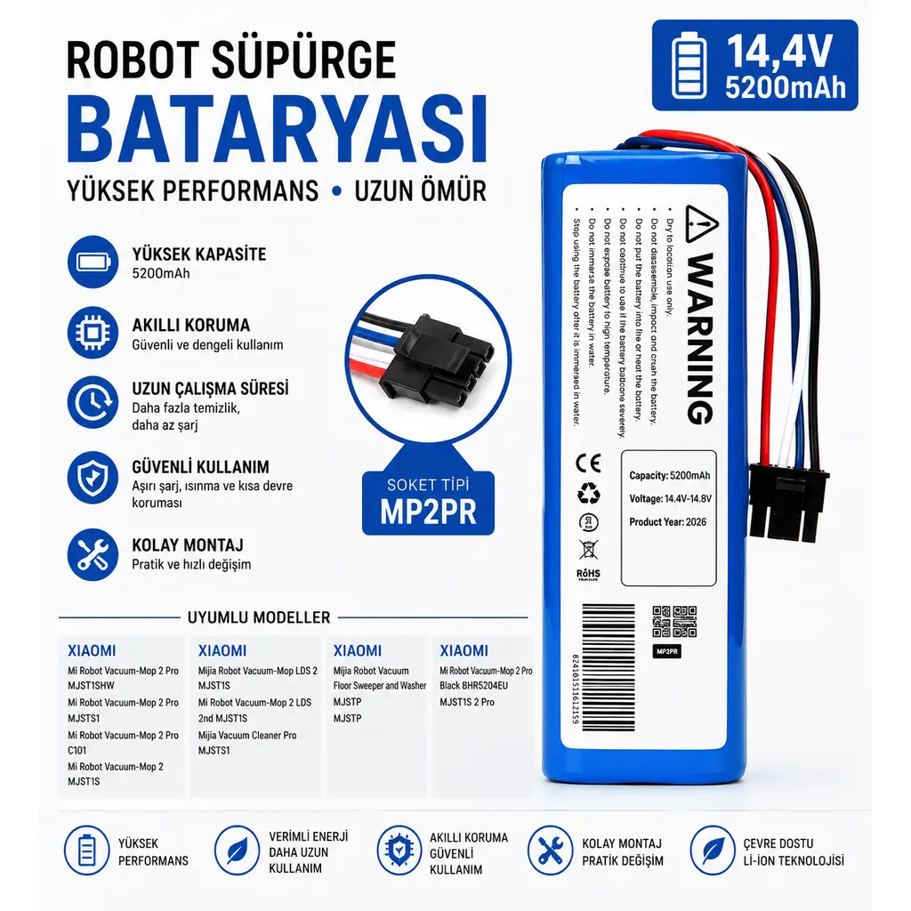 Arçelik Robo Rs 9034 Hm Uyumlu Robot Süpürge Bataryası 14.4V 5200mAh Li-ion