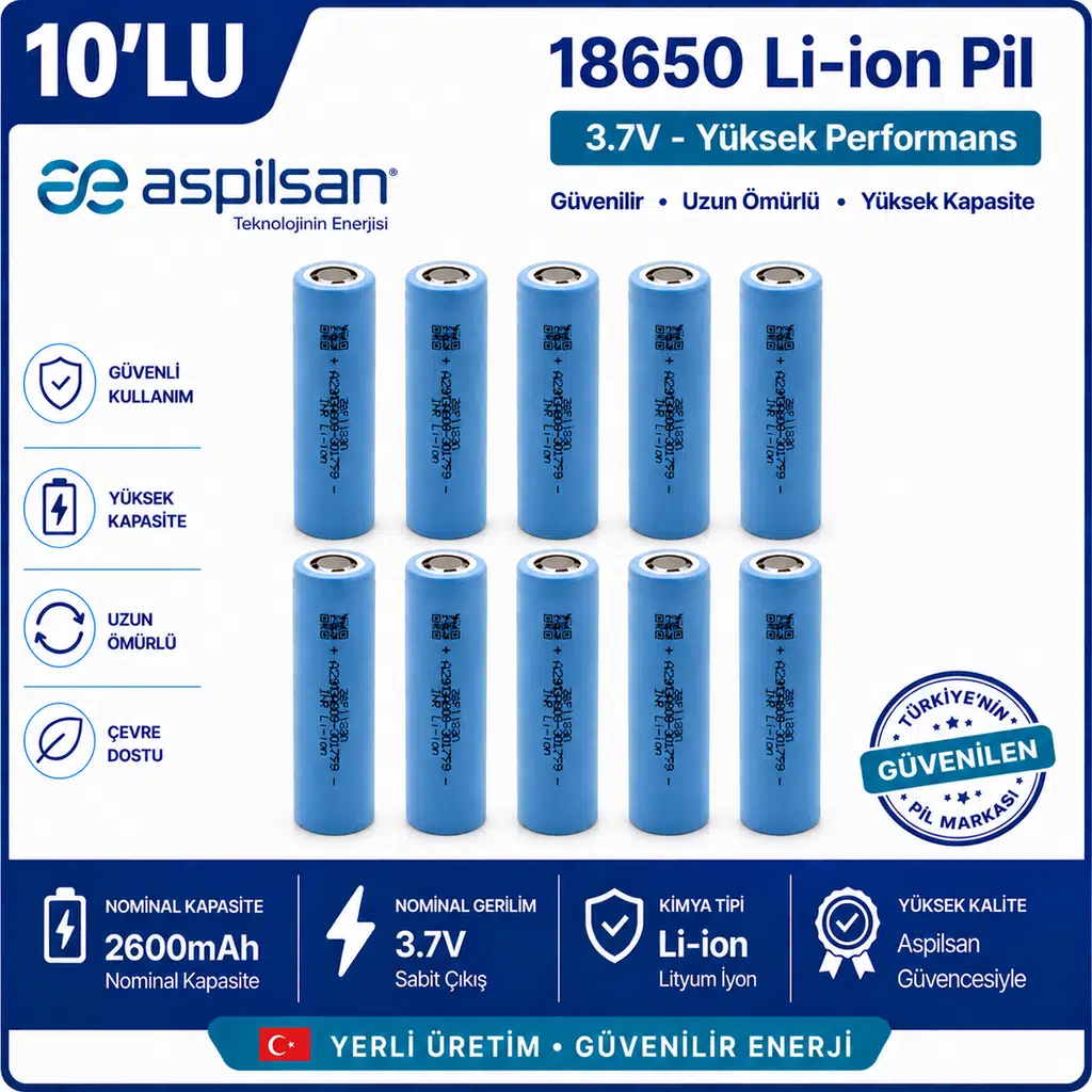 Aspilsan 18650 2600mAh 3.7V Li-ion Şarjlı Pil 10'lu Paket | INR18650A28 Orijinal Lityum İyon Batarya | Powerbank, E-Bisiklet ve Robot Projeleri İçin