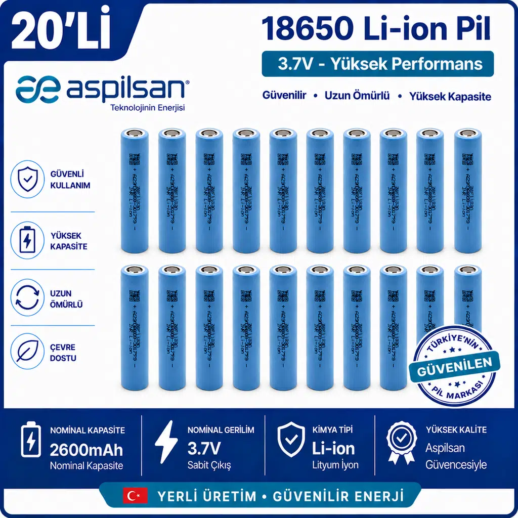 Aspilsan 18650 2600mAh 3.7V Li-ion Şarjlı Pil 20'li Paket | Orijinal INR18650A28 Lityum İyon Hücre | Elektrikli Bisiklet, Scooter, UPS, Solar ve Powerbank Bataryaları İçin