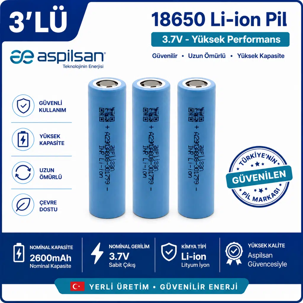 Aspilsan 18650 2600mAh 3.7V Li-ion Şarjlı Pil 3'lü Paket | Orijinal INR18650A28 Lityum İyon Batarya | Yerli Üretim