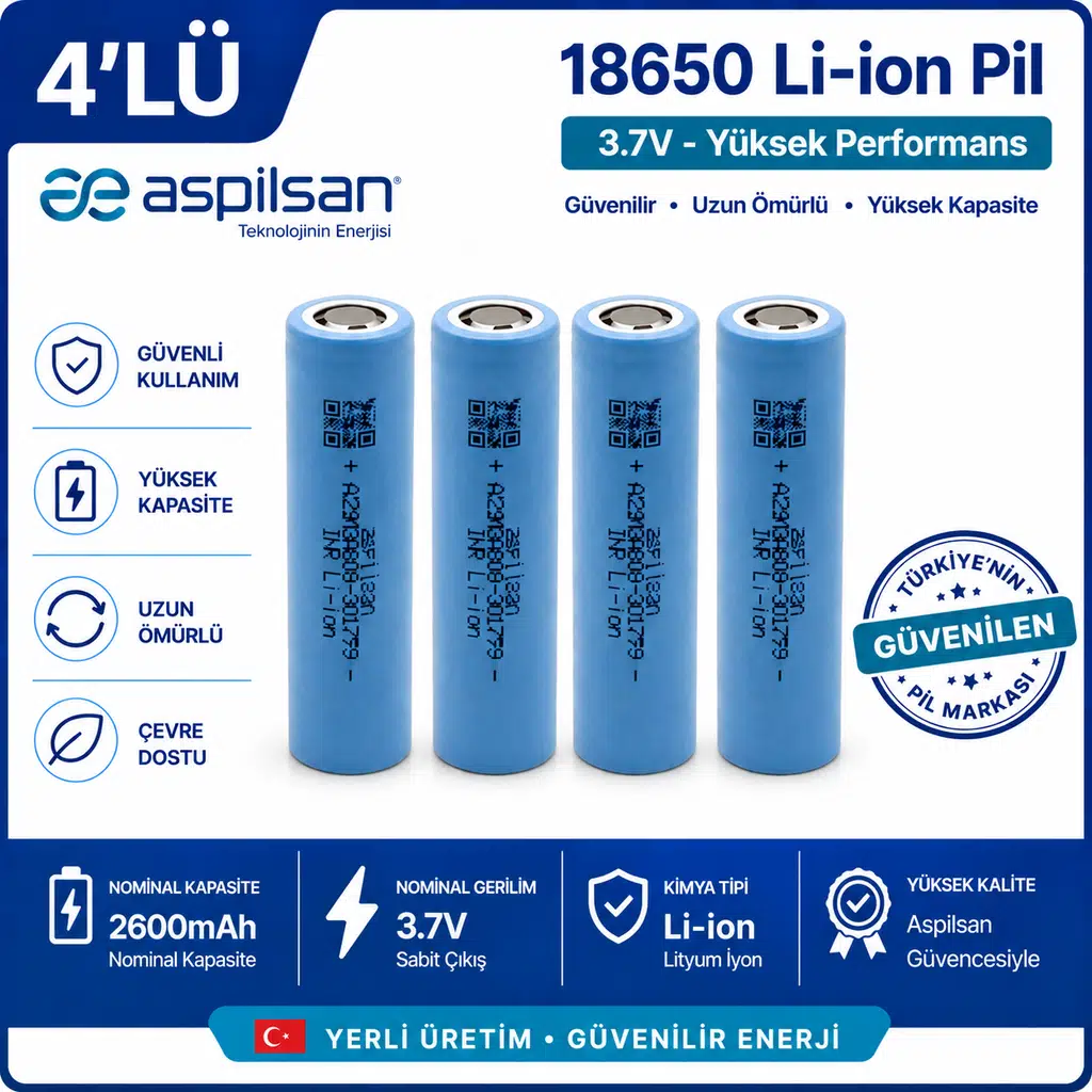 Aspilsan 18650 2600mAh 3.7V Li-ion Şarjlı Pil 4'lü Paket | INR18650A28 Orijinal Lityum İyon Batarya | Yerli Üretim