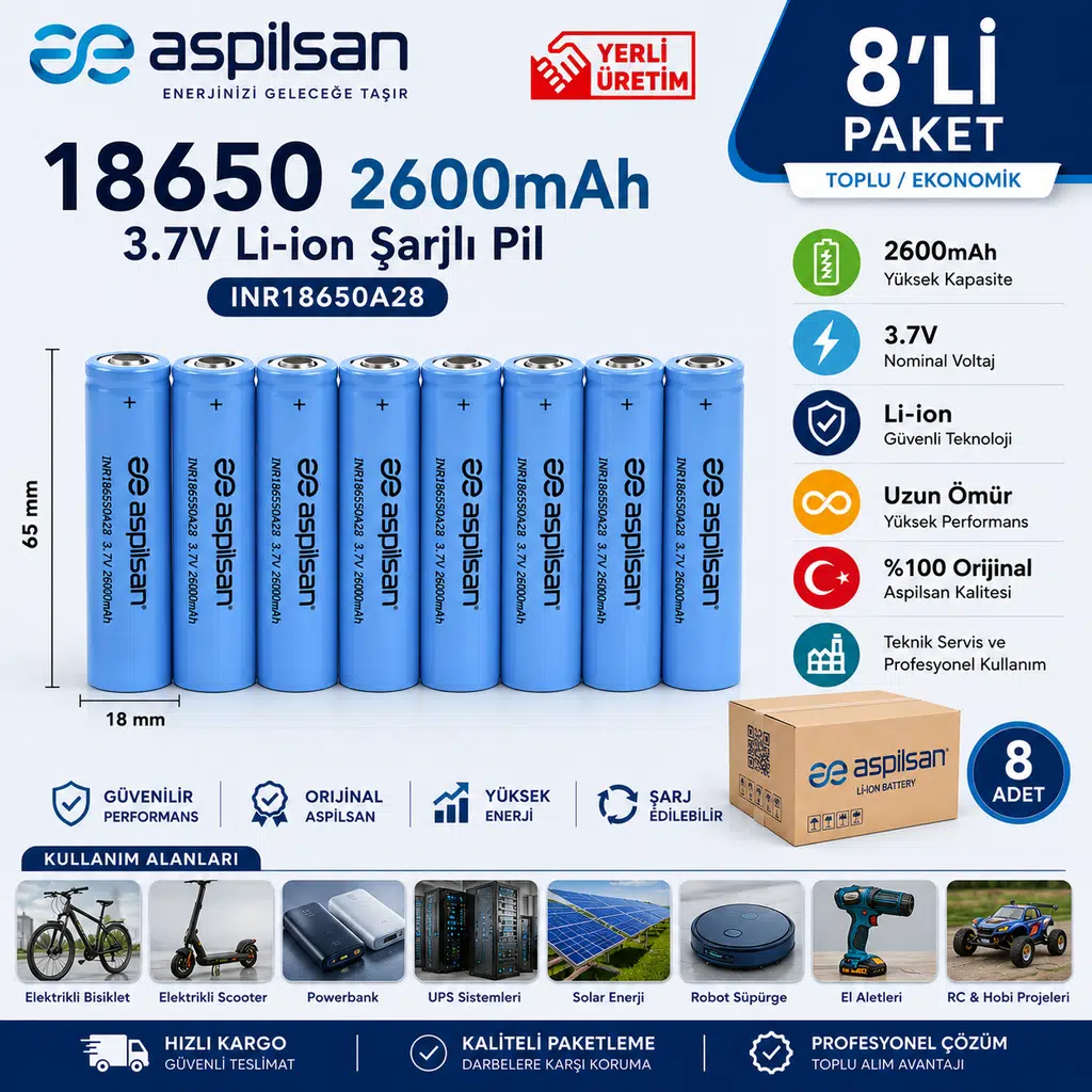 Aspilsan 18650 2600mAh 3.7V Li-ion Şarjlı Pil 8'li Paket | INR18650A28 Orijinal Lityum İyon Batarya | Yerli Üretim