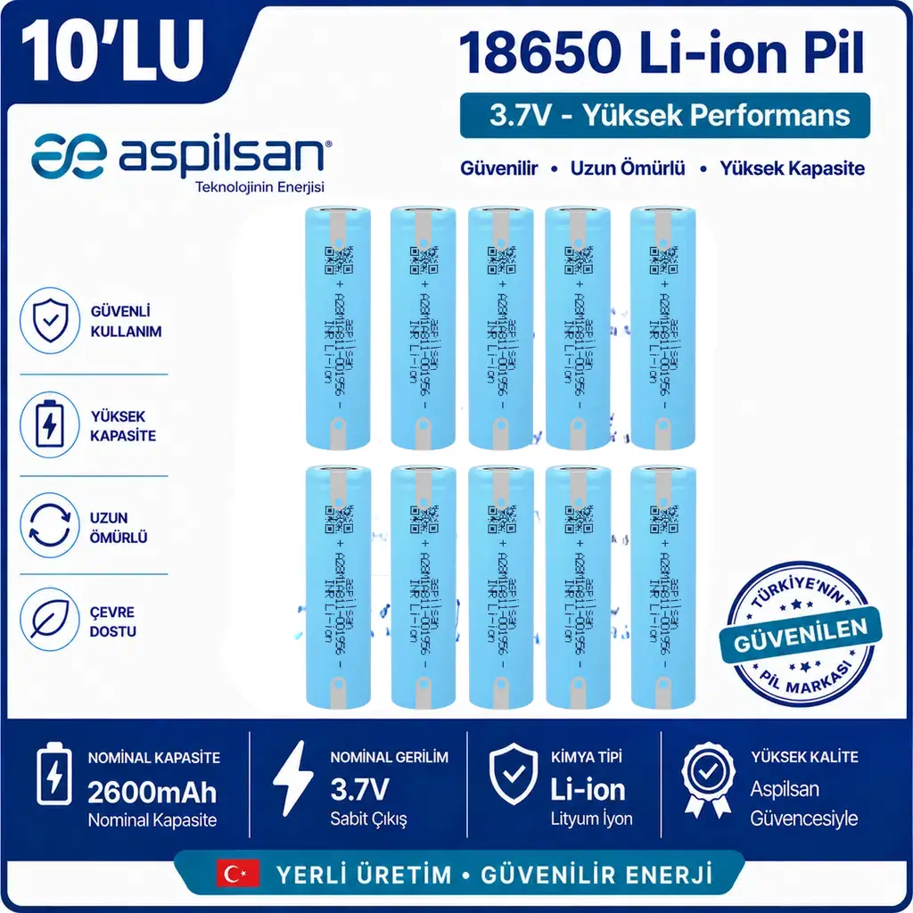 Aspilsan Puntalı 18650 2600mAh 3.7V Li-ion Şarjlı Pil 10'lu Paket | INR18650A28 Orijinal Lityum İyon Batarya | Powerbank, E-Bisiklet ve Robot Projeleri İçin
