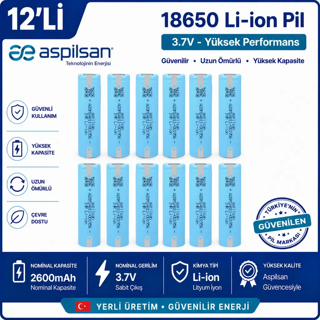 Aspilsan Puntalı 18650 2600mAh 3.7V Li-ion Şarjlı Pil 12'li Paket | INR18650A28 Orijinal Lityum İyon Batarya | Powerbank, E-Bisiklet, UPS ve Solar Sistemler İçin