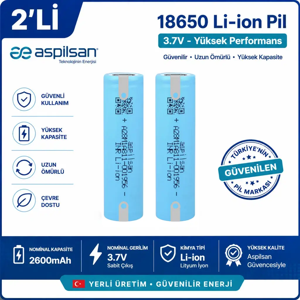 Aspilsan Puntalı 18650 2600mAh 3.7V Li-ion Şarjlı Pil 2'li Paket INR18650A28 Orijinal Yerli Üretim Lityum İyon Batarya