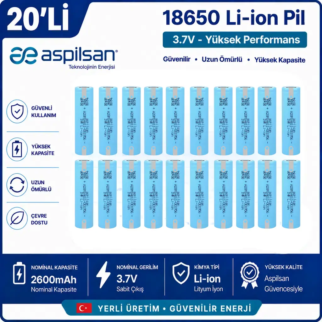Aspilsan Puntalı 18650 2600mAh 3.7V Li-ion Şarjlı Pil 20'li Paket | Orijinal INR18650A28 Lityum İyon Hücre | Elektrikli Bisiklet, Scooter, UPS, Solar ve Powerbank Bataryaları İçin