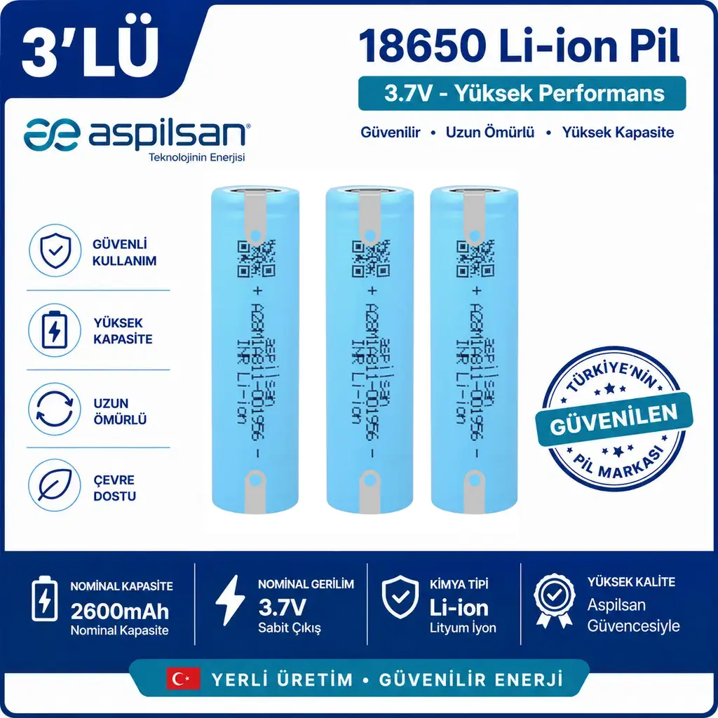 Aspilsan Puntalı 18650 2600mAh 3.7V Li-ion Şarjlı Pil 3'lü Paket | Orijinal INR18650A28 Lityum İyon Batarya | Yerli Üretim