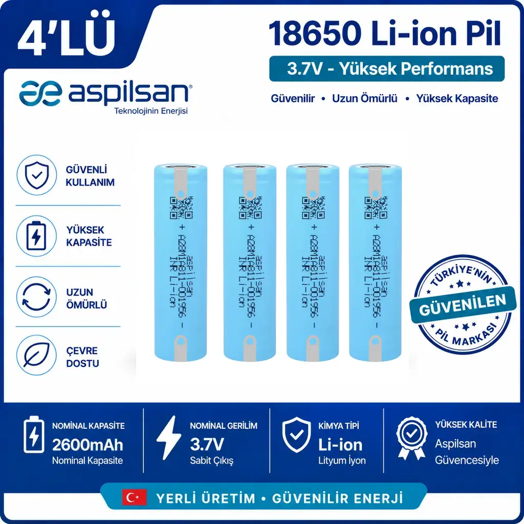 Aspilsan Puntalı 18650 2600mAh 3.7V Li-ion Şarjlı Pil 4'lü Paket | INR18650A28 Orijinal Lityum İyon Batarya | Yerli Üretim