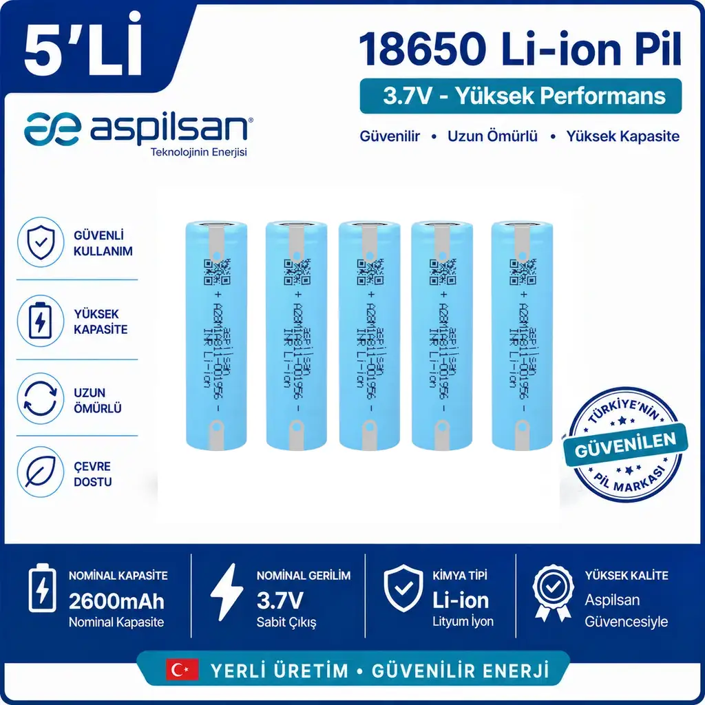 Aspilsan Puntalı 18650 2600mAh 3.7V Li-ion Şarjlı Pil 5'li Paket | INR18650A28 Orijinal Lityum İyon Batarya | Yerli Üretim
