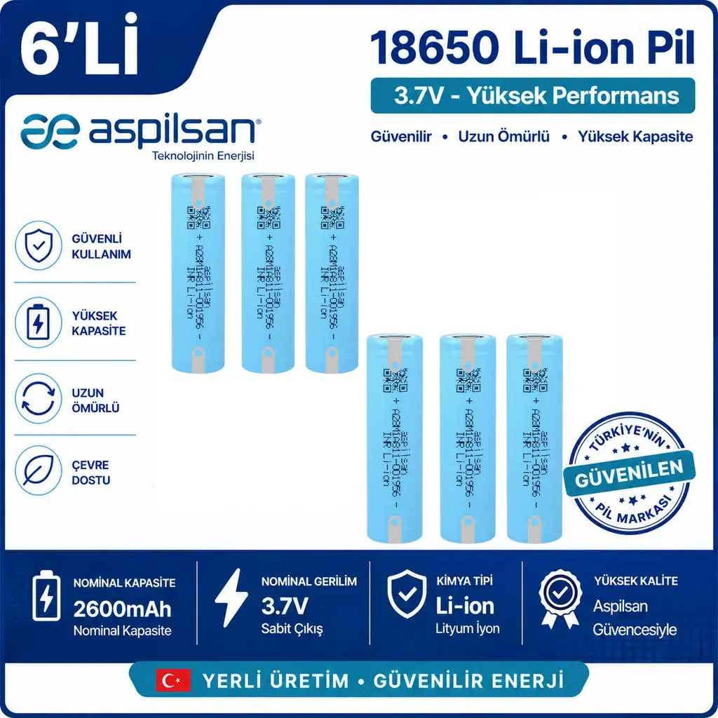Aspilsan Puntalı 18650 2600mAh 3.7V Li-ion Şarjlı Pil 6'lı Paket | INR18650A28 Orijinal 18650 Batarya | Yerli Üretim Lityum İyon Pil