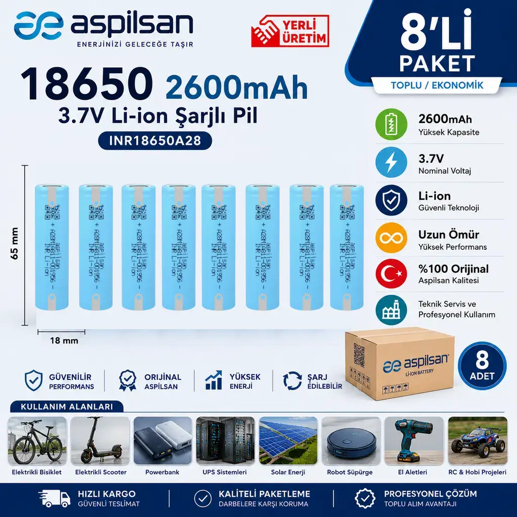 Aspilsan Puntalı 18650 2600mAh 3.7V Li-ion Şarjlı Pil 8'li Paket | INR18650A28 Orijinal Lityum İyon Batarya | Yerli Üretim