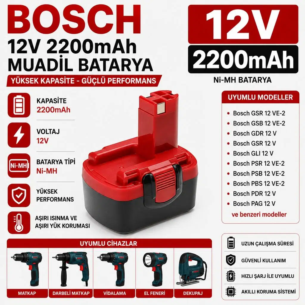 BOSCH 22612, 23612, 32612, 3360, 3360K ile Uyumlu Muadil Matkap Bataryası
