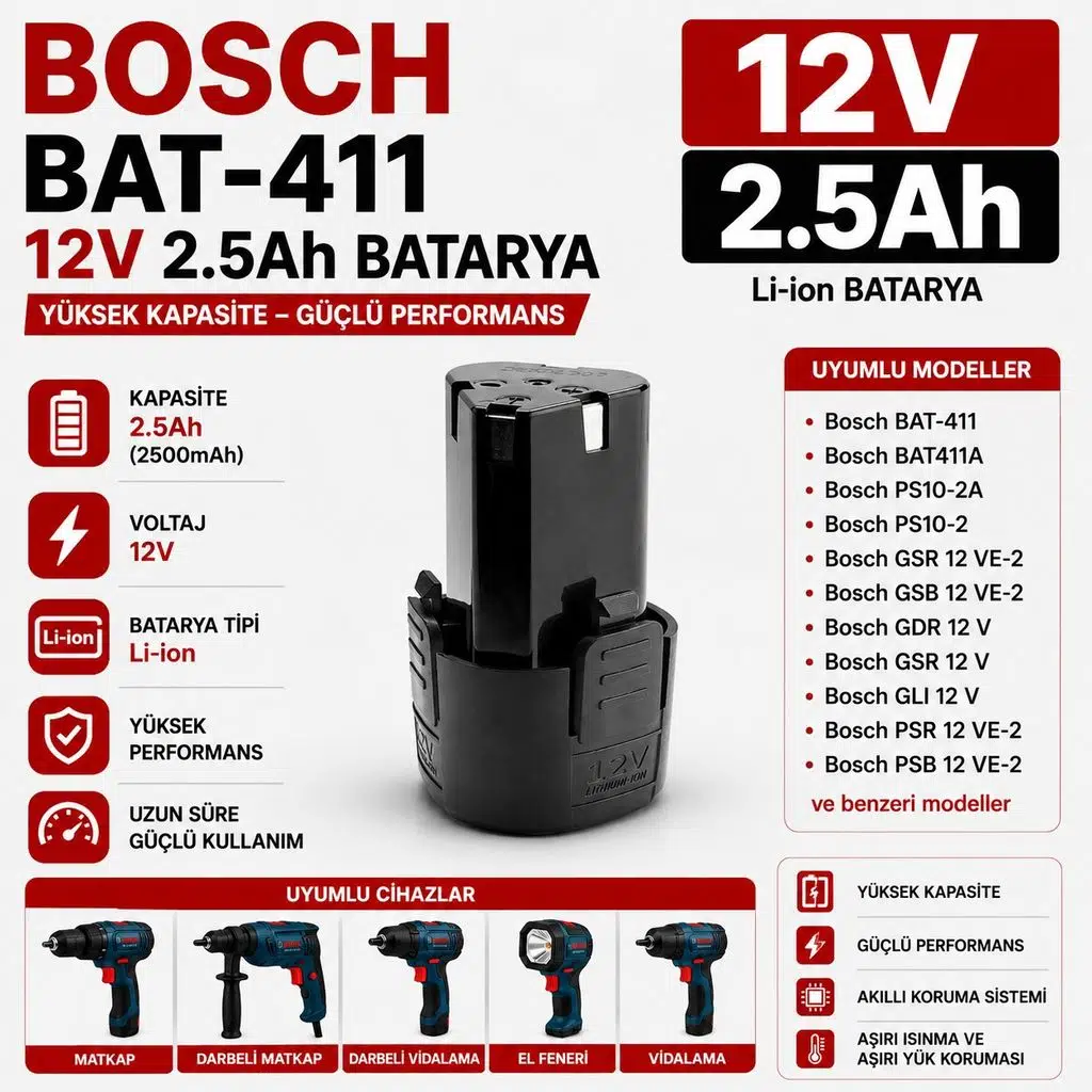 BOSCH BAT-411 12v 2.5ah PS40-2, PS10, PS20-2, PS21-2A ile Uyumlu Muadil Matkap Bataryası