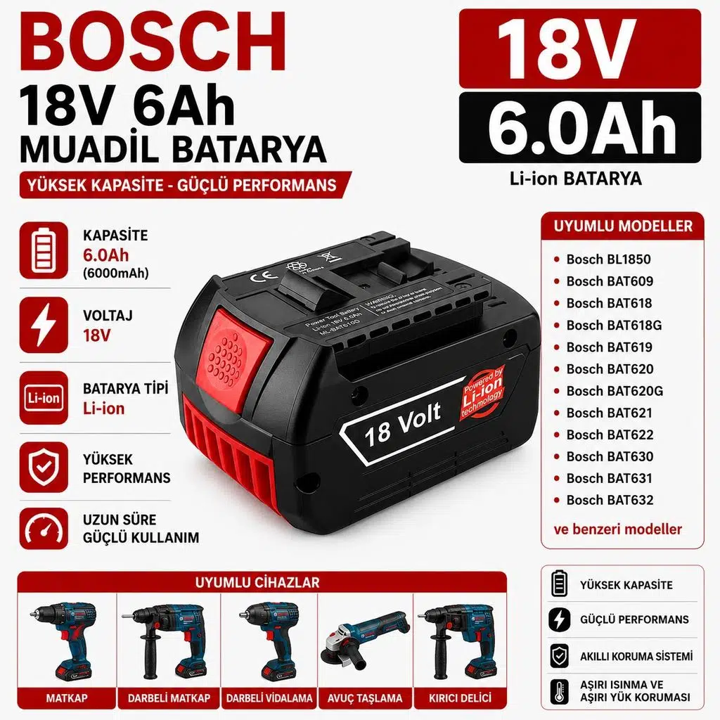 BOSCH BL1850,Bat609,Bat618 18v 6ah Li-Ion, BL1850 / BAT609 / BAT618 ile Uyumlu Muadil Matkap Bataryası