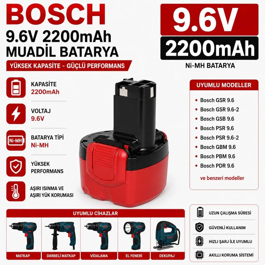 BOSCH GDR 9.6V, GDR 9,6V ile Uyumlu Muadil Matkap Bataryası