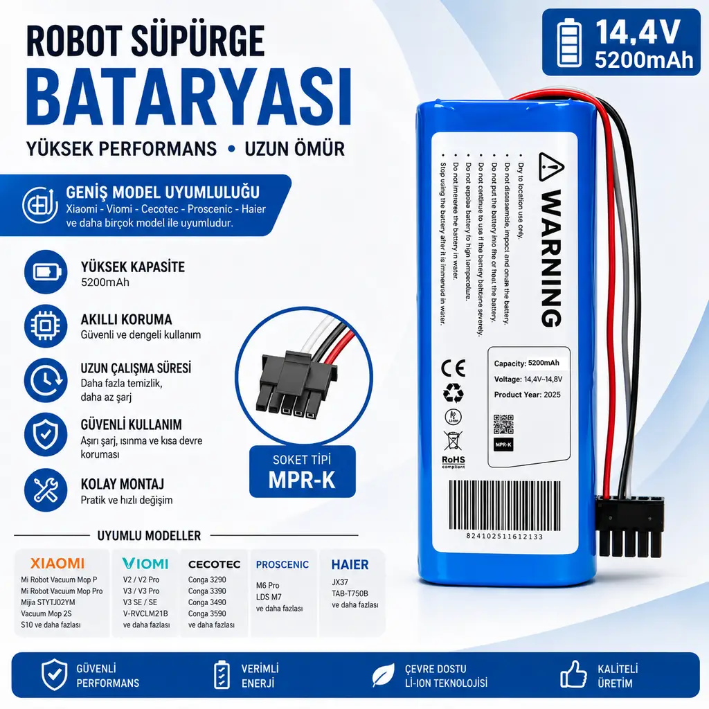 Cecotec Conga 3590 ile Uyumlu Robot Süpürge Pili 14,4V 5200mAh