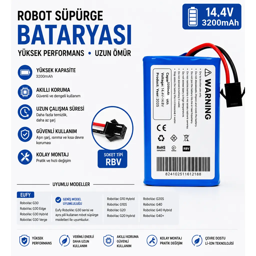 Ecovacs Deebot 661 Uyumlu Robot Süpürge Bataryası 14.4V 3200mAh Li-ion