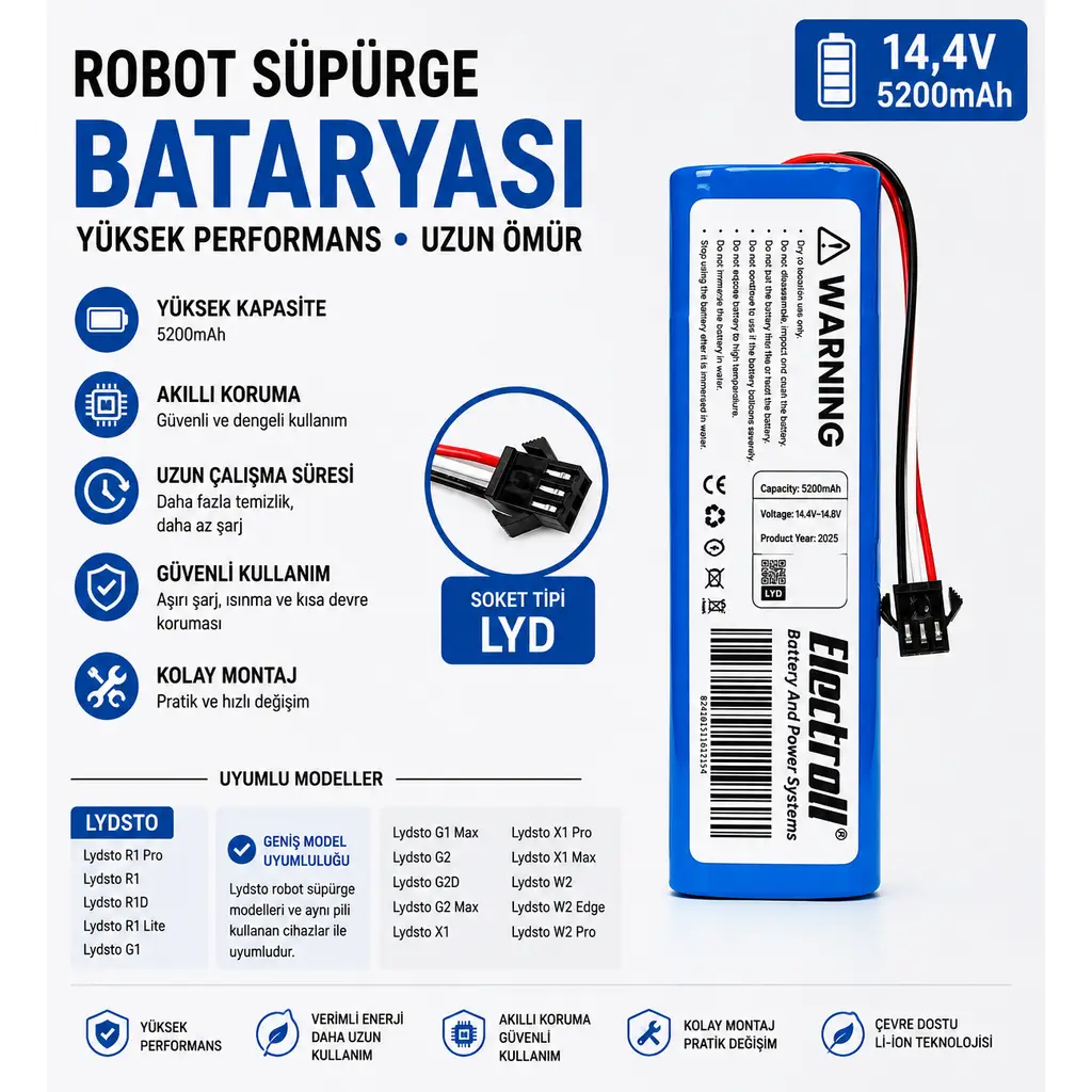 Lenovo T1 Uyumlu Robot Süpürge Bataryası 14.4V 5200mAh Li-ion