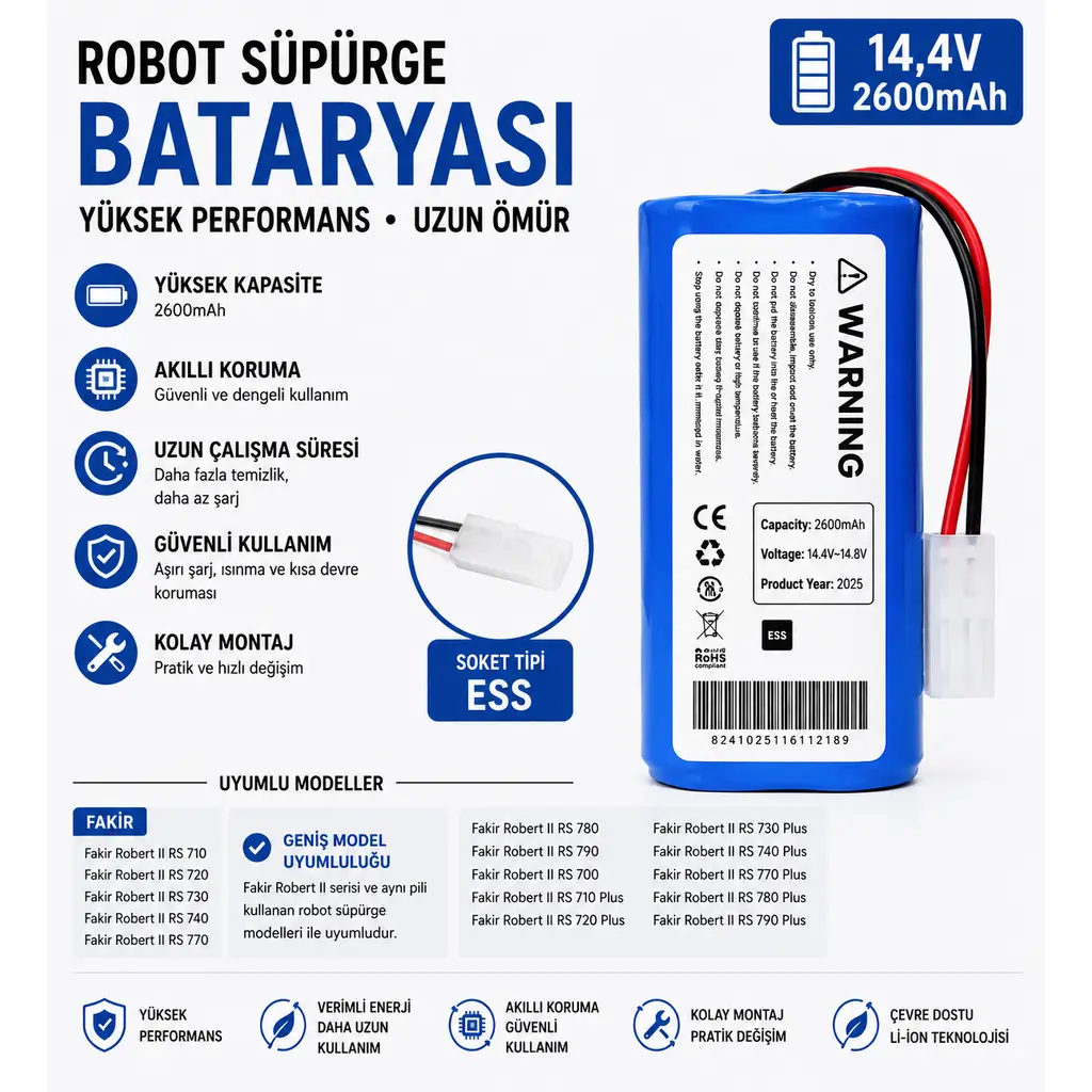 Tefal Smart Force Essential: RG6825, RG6875 Uyumlu Robot Süpürge Bataryası 14.4V 2600mAh Li-ion