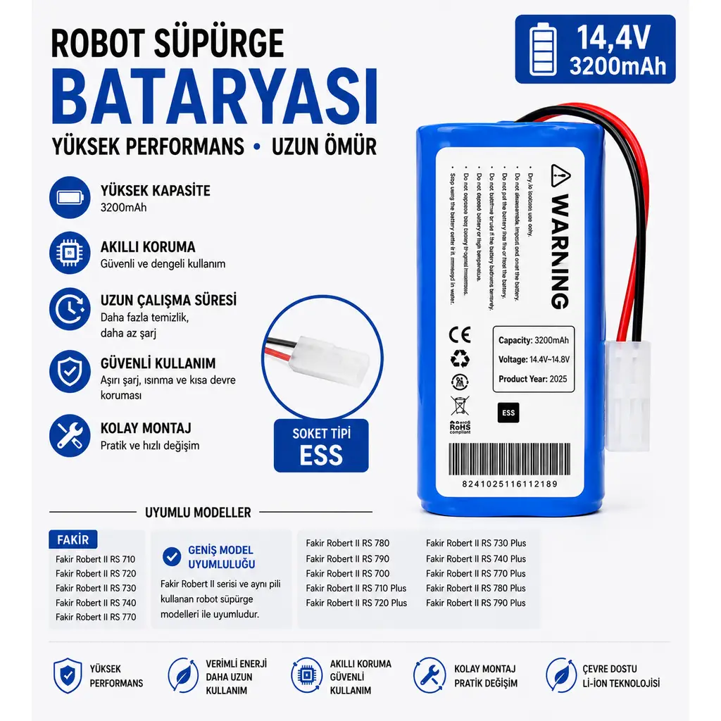 Tefal Smart Force Essential: RG6825, RG6875 Uyumlu Robot Süpürge Bataryası 14.4V 3200mAh Li-ion