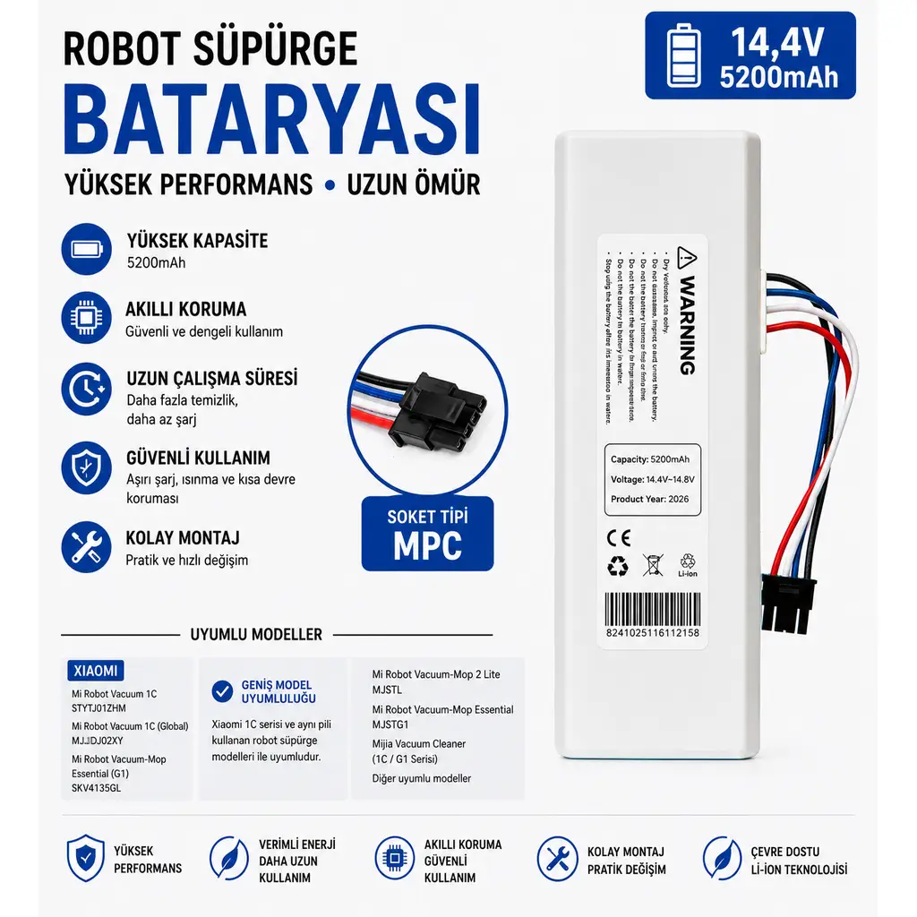 Xiaomi Mi Robot Vacuum 1C STYTJ01ZHM Uyumlu Robot Süpürge Bataryası 14.4V 5200mAh Li-ion